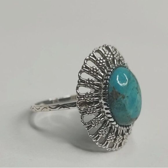 SHIVAM Ring 8 Sterling Silver Scroll Filigree Blue Turquoise Marcasite Boho - Picture 6 of 9